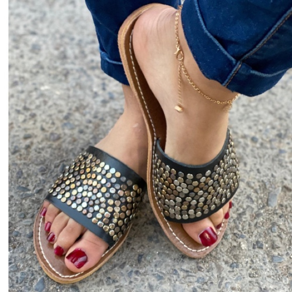 Flat summer studded leather sandals